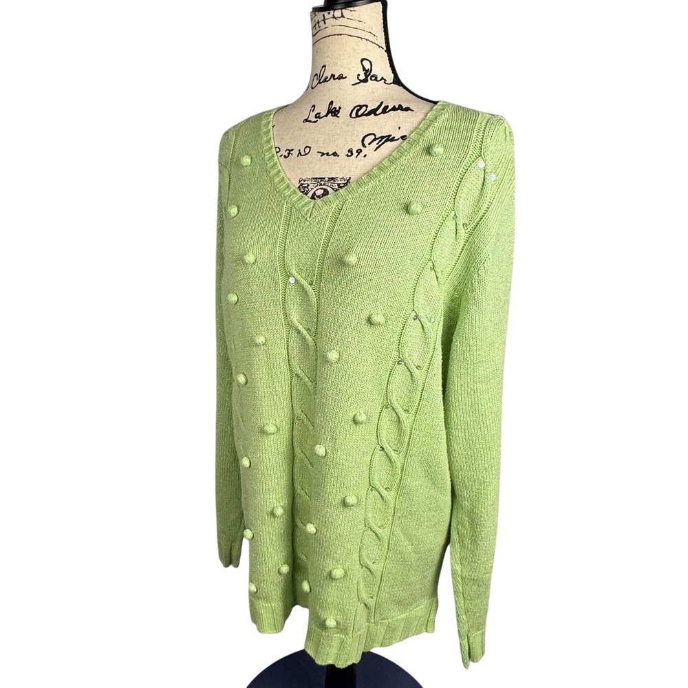 Quacker Factory Cable Knit Sweater Pom Pom Sequin V-Neck Plus Sz 3X READ